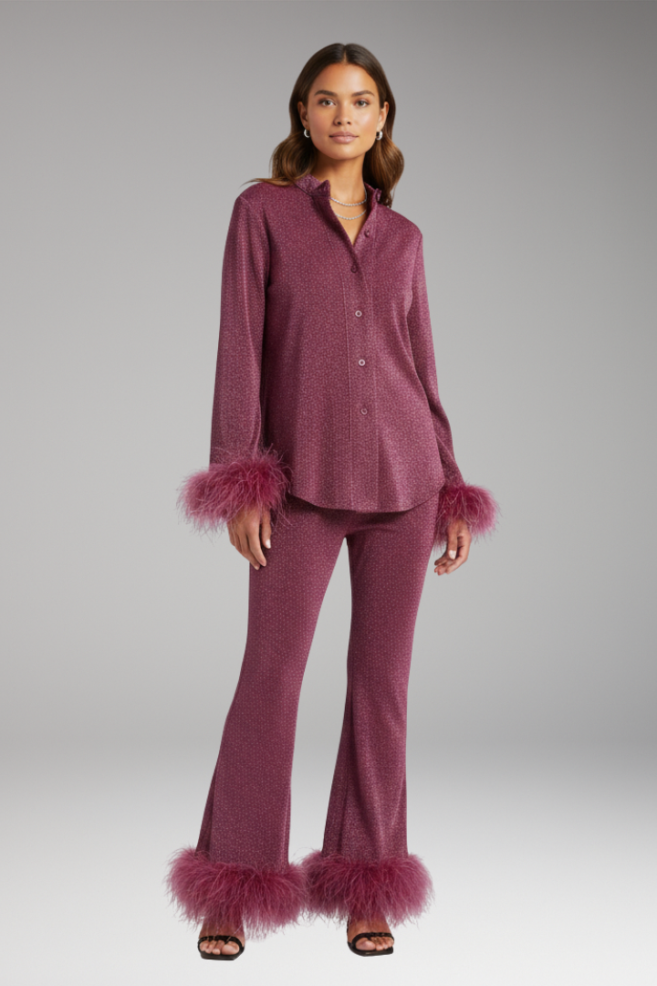 Women's Feather Trim Button Front Set