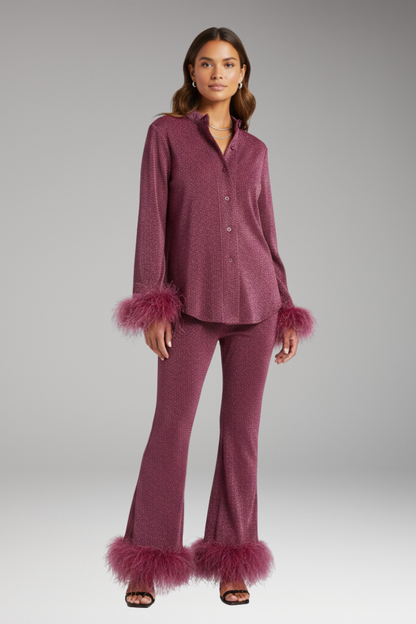 Women's Feather Trim Button Front Set