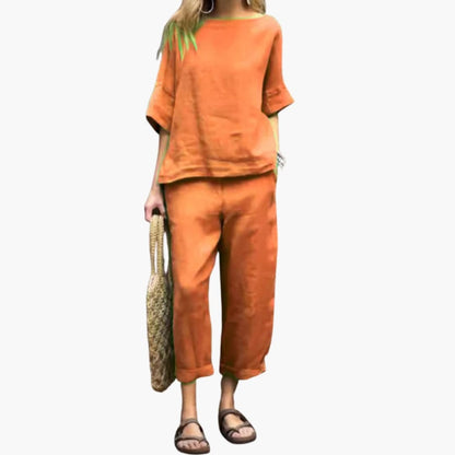 Women's Short Sleeve Two Piece Set Round Neck Elastic Waist Pants