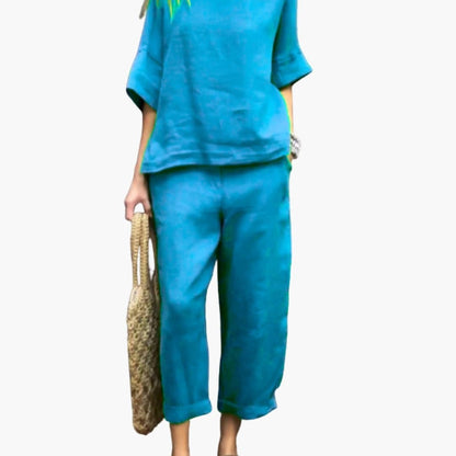 Women's Short Sleeve Two Piece Set Round Neck Elastic Waist Pants - VibreMode
