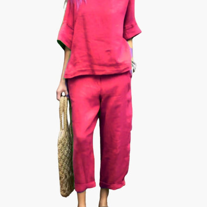 Women's Short Sleeve Two Piece Set Round Neck Elastic Waist Pants