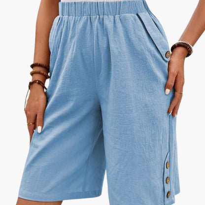 Women's Elastic Waist Shorts Button Detail