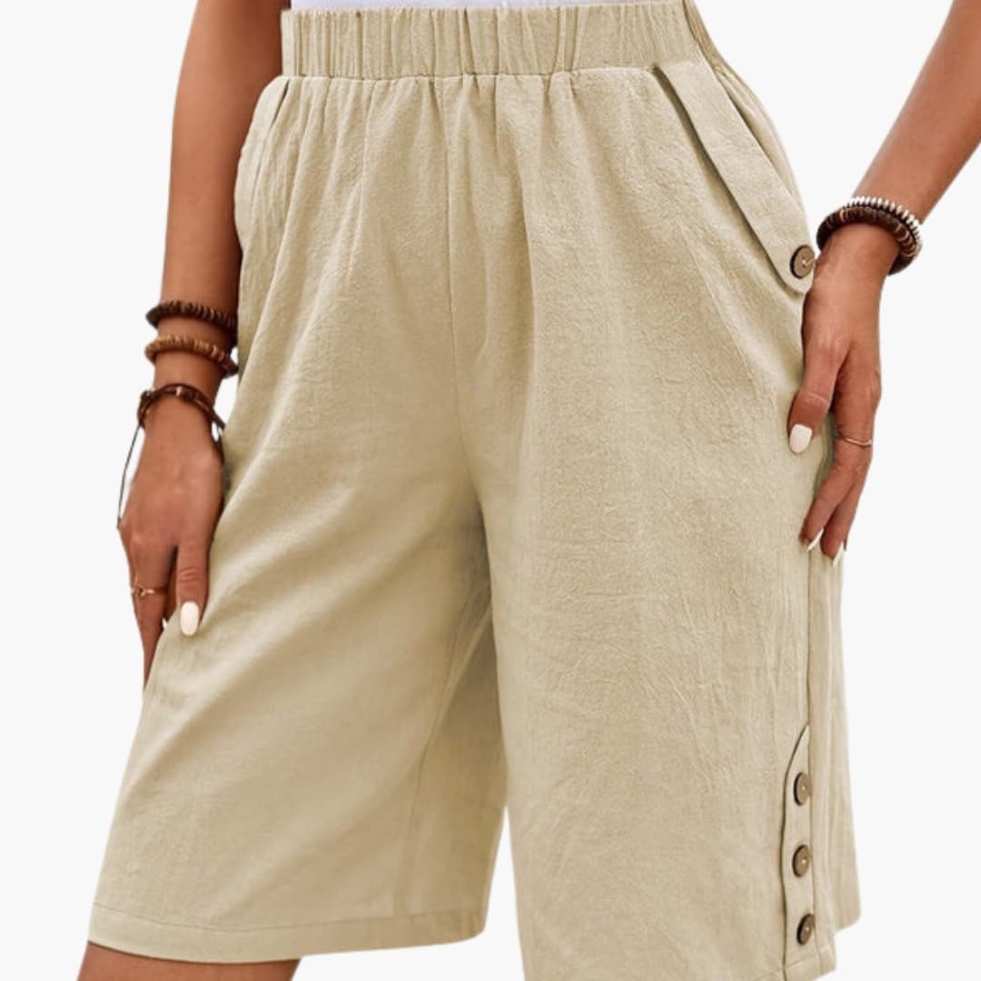 Women's Elastic Waist Shorts Button Detail