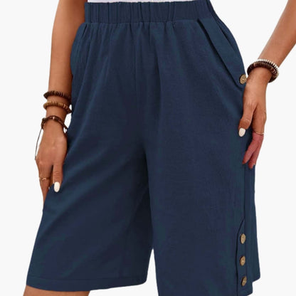 Women's Elastic Waist Shorts Button Detail