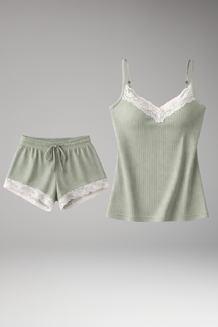 Women's Lace Trim Sleepwear Set Adjustable Straps - VibreMode