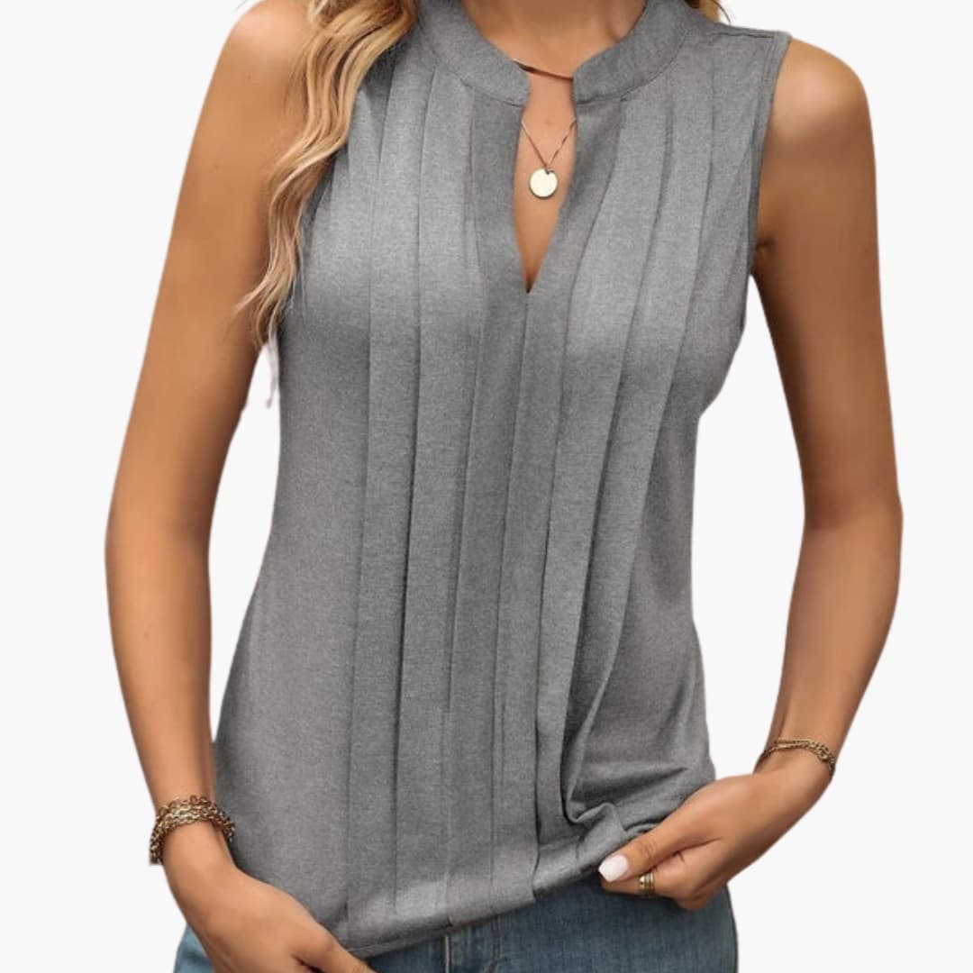 Women's Sleeveless V-Neck Blouse Pleated Design
