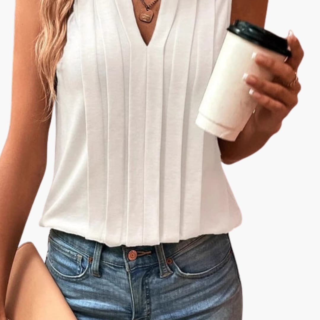 Women's Sleeveless V-Neck Blouse Pleated Design
