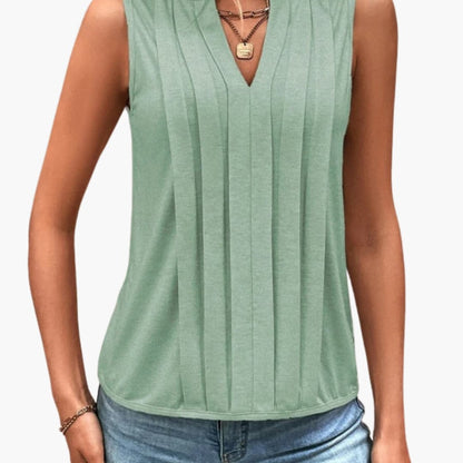 Women's Sleeveless V-Neck Blouse Pleated Design