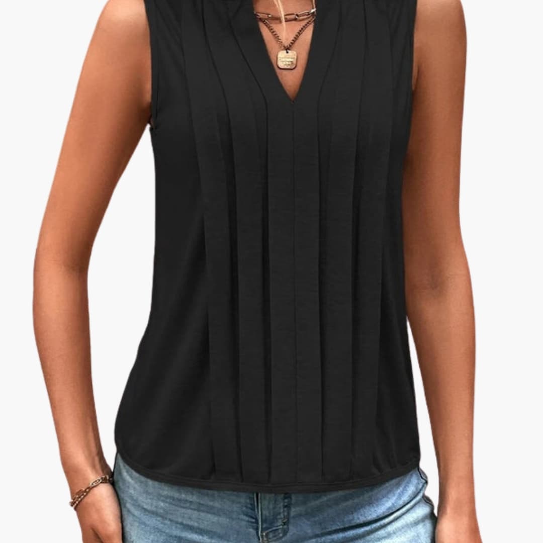 Women's Sleeveless V-Neck Blouse Pleated Design