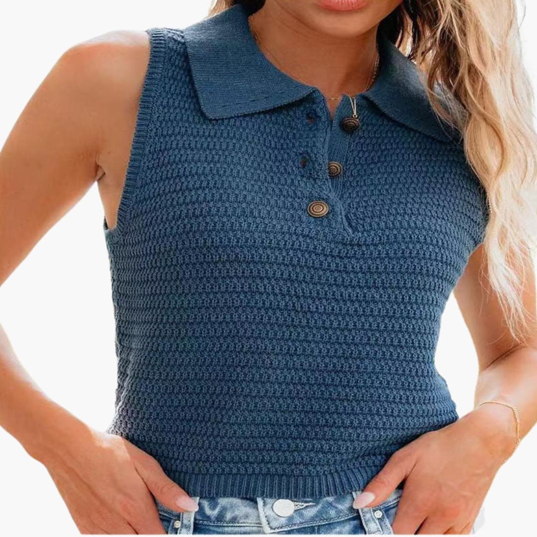 Women's Sleeveless Polo Shirt Textured Knit Button Detail