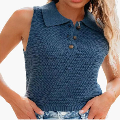 Women's Sleeveless Polo Shirt Textured Knit Button Detail