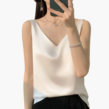 Women's Sleeveless Satin V-Neck
