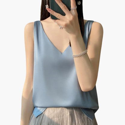 Women's Sleeveless Satin V-Neck