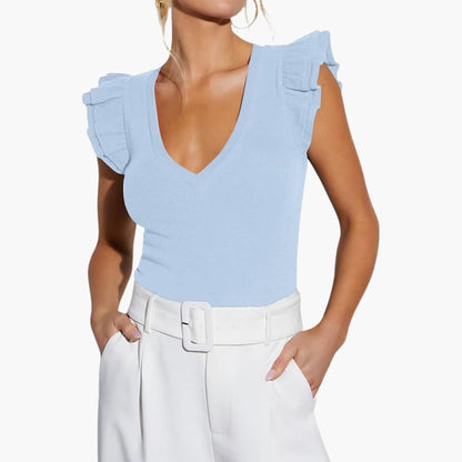 Women's Sleeveless V-Neck Ruffle Detail