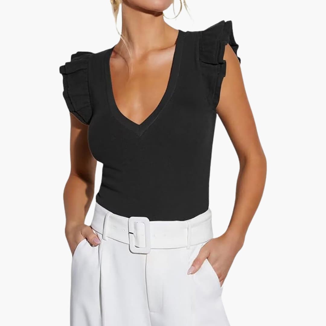 Women's Sleeveless V-Neck Ruffle Detail