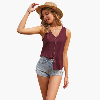 Women's Sleeveless V Neck Blouse Button Detail