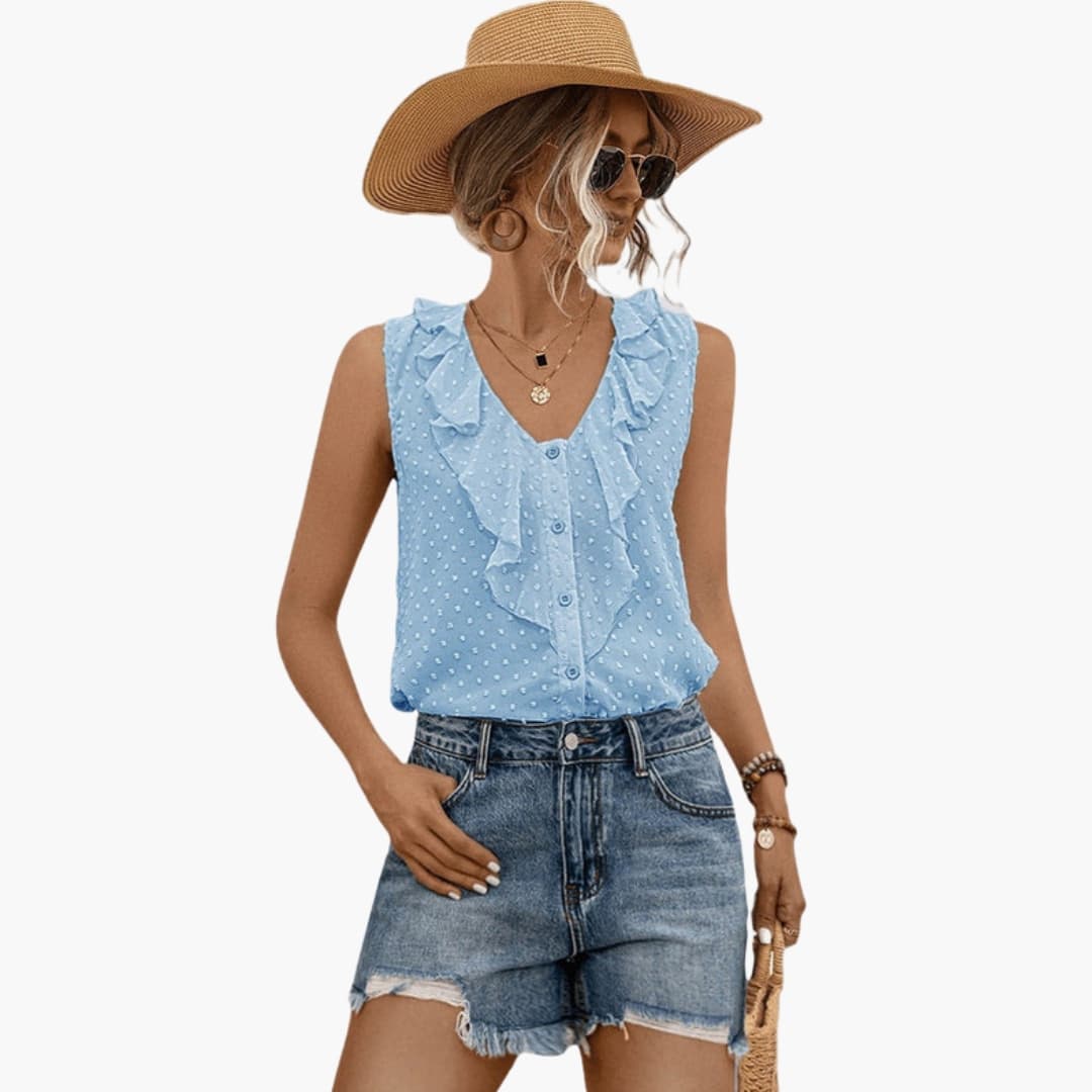 Women's V-Neck Sleeveless Blouse Ruffle Trim