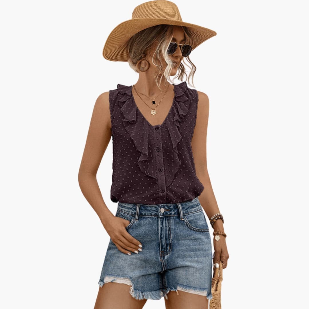 Women's V-Neck Sleeveless Blouse Ruffle Trim