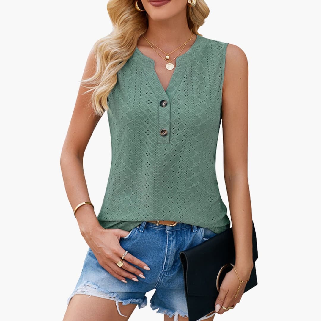 Women's Eyelet Blouse Shirt Sleeveless V-Neck