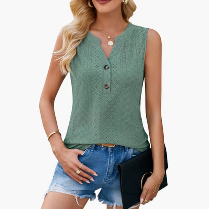 Women's Eyelet Blouse Shirt Sleeveless V-Neck