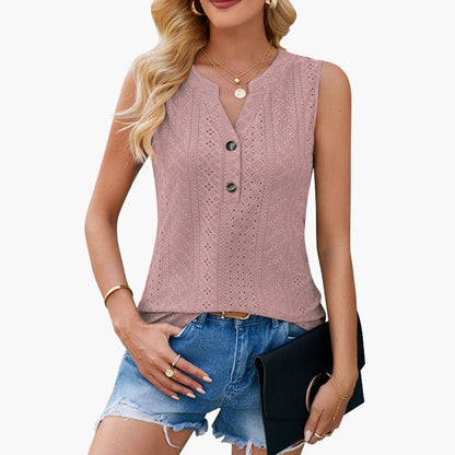 Women's Eyelet Blouse Shirt Sleeveless V-Neck