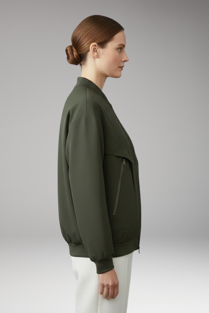 Women's Bomber Jacket Zipper Pockets Elastic Cuffs