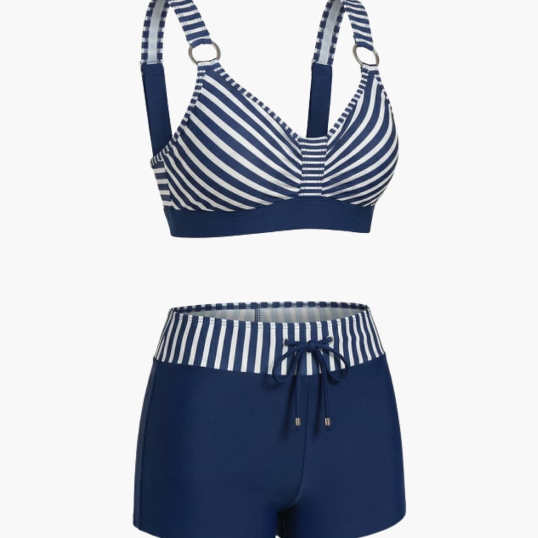 Women's Striped Swim Bikini Set with Shorts - VibreMode