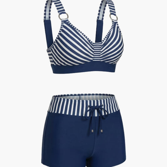 Women's Striped Swim Bikini Set with Shorts - VibreMode