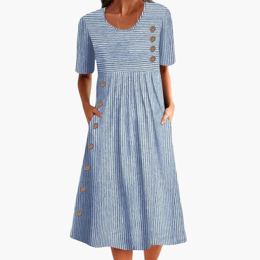 Women's Striped Midi Dress 3/4 Sleeve Button Front - VibreMode