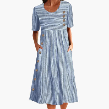 Women's Striped Midi Dress 3/4 Sleeve Button Front - VibreMode