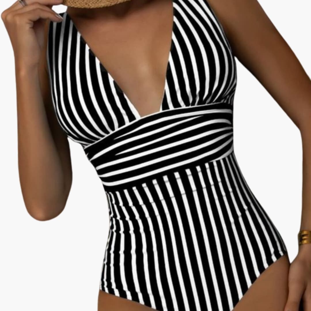 Women's Striped One-Piece Swimsuit Scoop Neck Wide Straps
