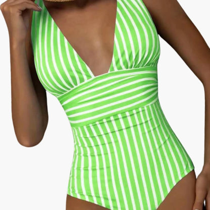 Women's Striped One-Piece Swimsuit Scoop Neck Wide Straps - VibreMode