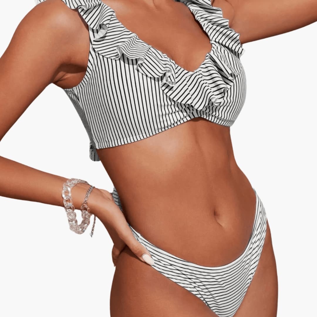 Women's Striped Ruffle Bikini Set Tie Side Bottom - VibreMode