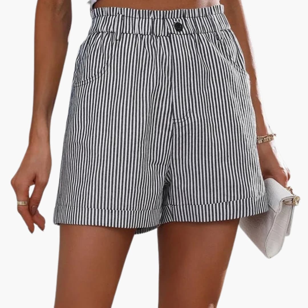 Women's Elastic Waist Shorts Striped with Pockets - VibreMode
