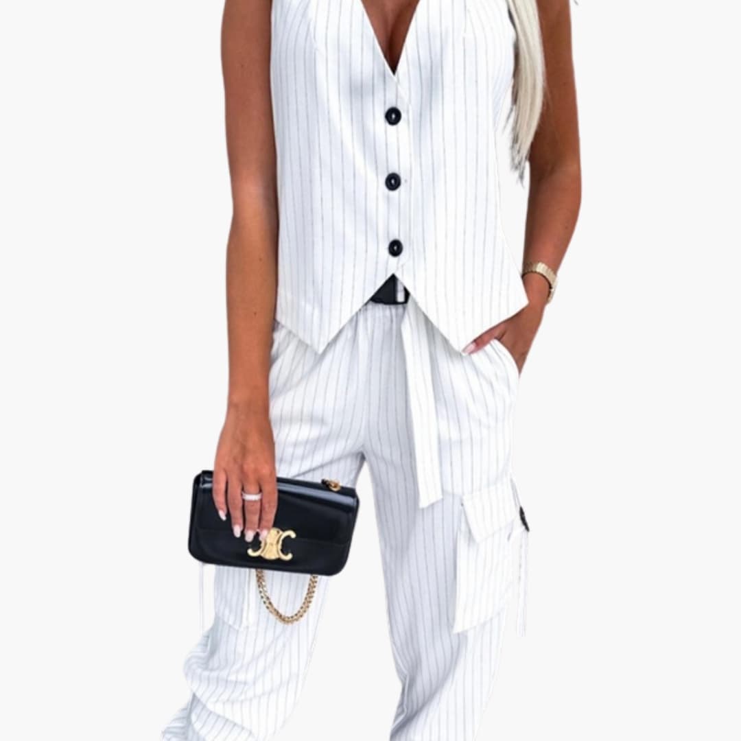 Women's Two-Piece Striped Suit Set Sleeveless Cuffed Pants - VibreMode