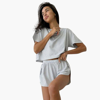 Women's Striped Two Piece And Shorts Set