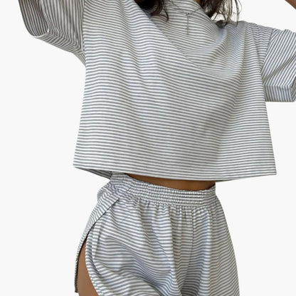 Women's Striped Two Piece And Shorts Set