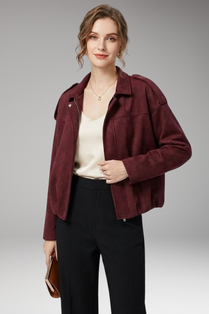 Women's Suede Bomber Jacket Structured Shoulders