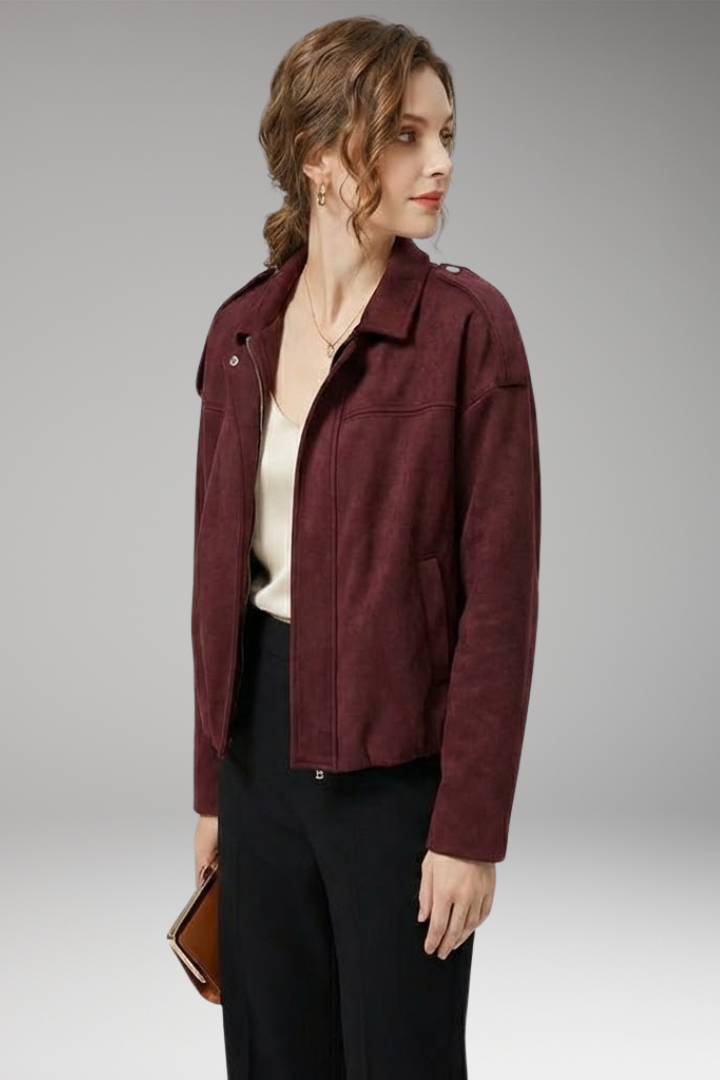 Women's Suede Bomber Jacket Structured Shoulders