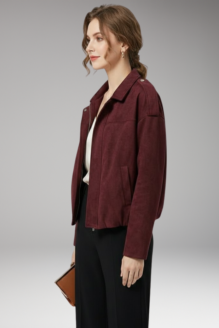 Women's Suede Bomber Jacket Structured Shoulders