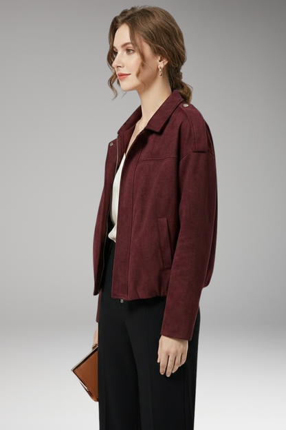 Women's Suede Bomber Jacket Structured Shoulders