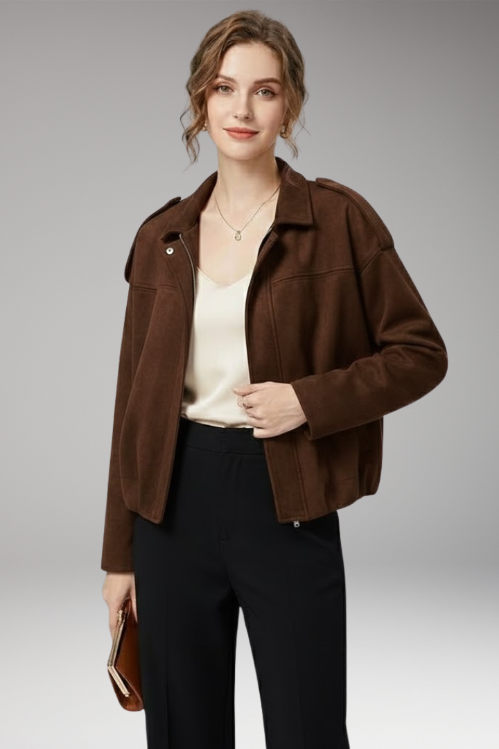 Women's Suede Bomber Jacket Structured Shoulders