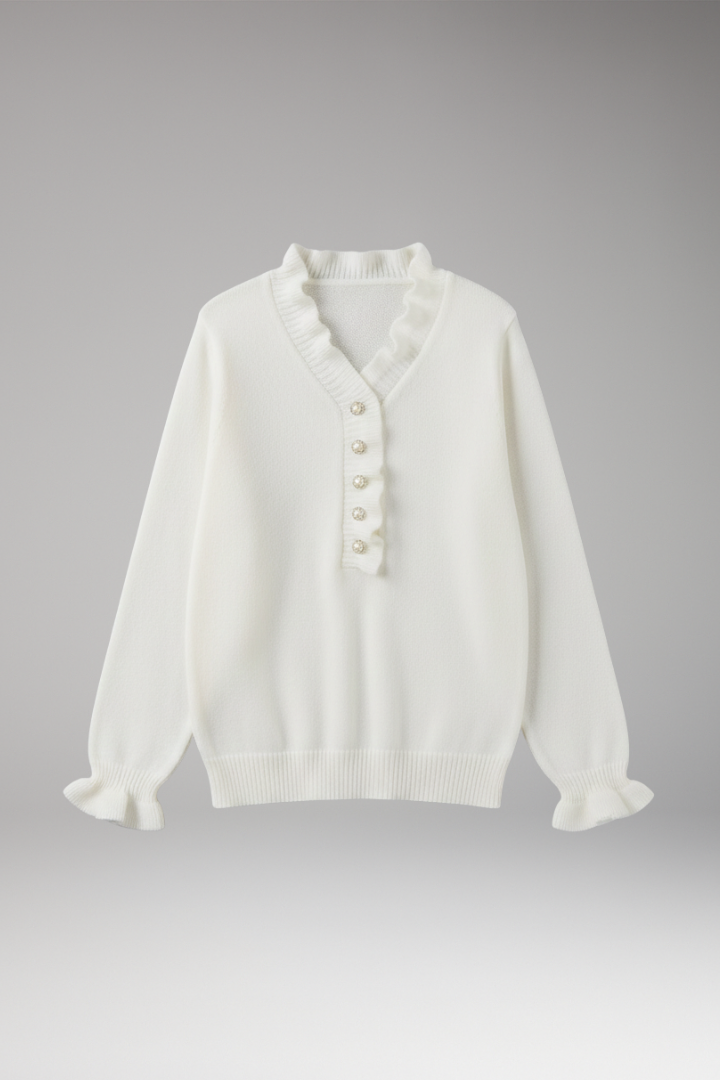 Women's Ruffle Collar Sweater Decorative Buttons - VibreMode