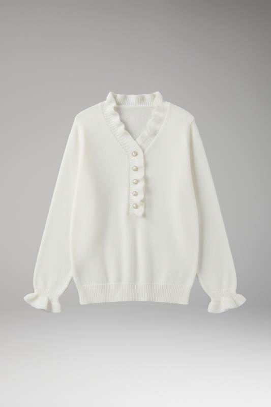 Women's Ruffle Collar Sweater Decorative Buttons - VibreMode