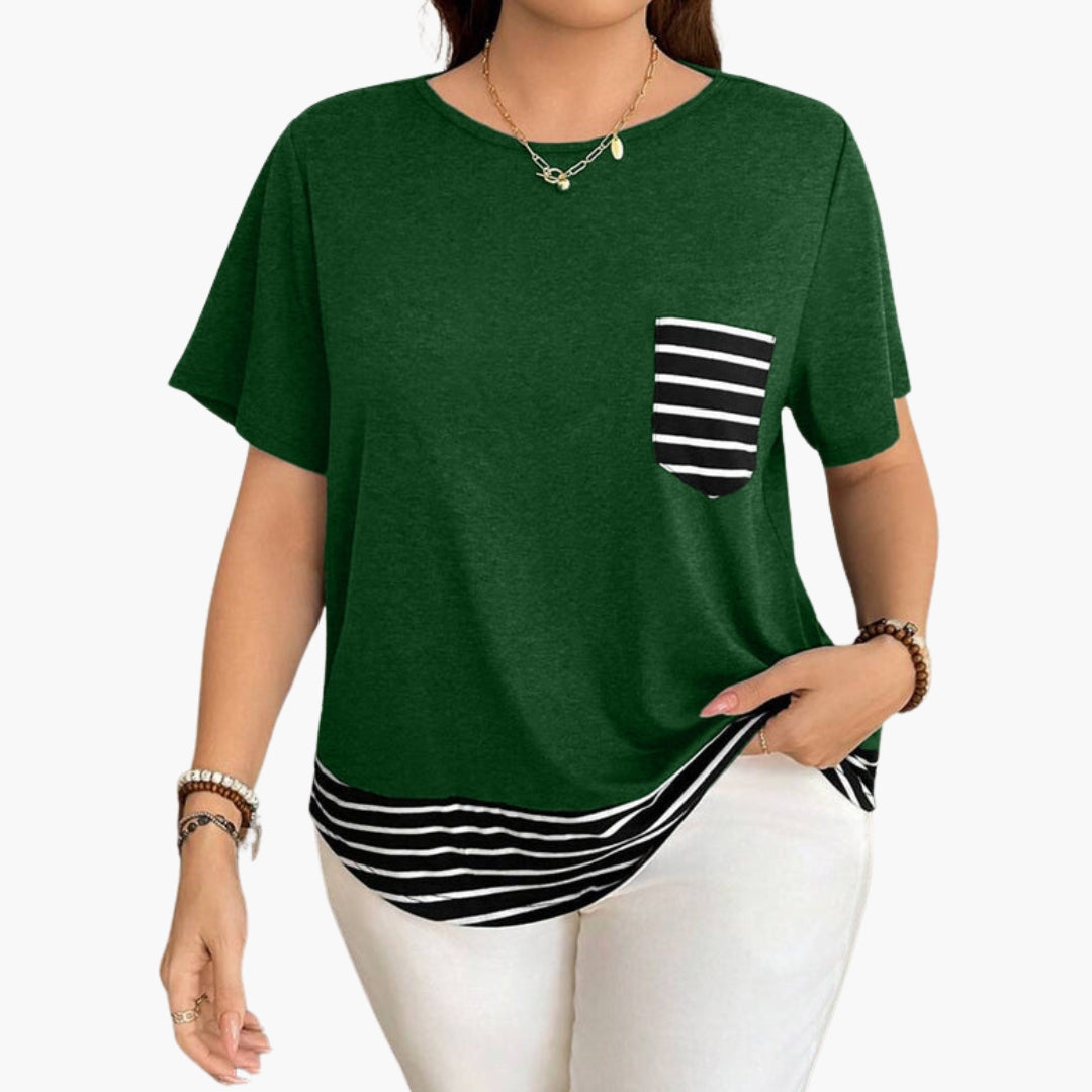 Women's Pocket T-Shirt Striped Hem Cotton