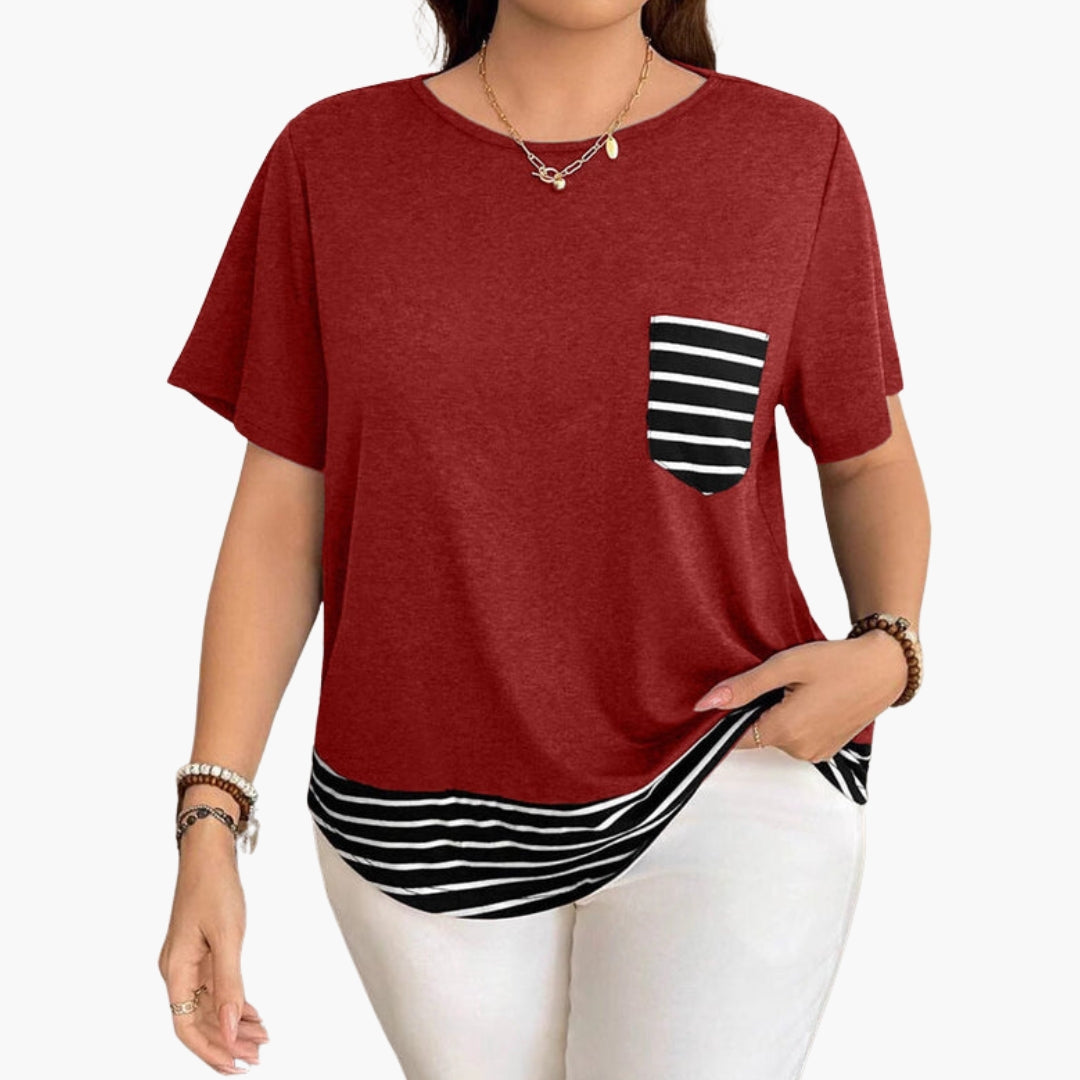 Women's Pocket T-Shirt Striped Hem Cotton