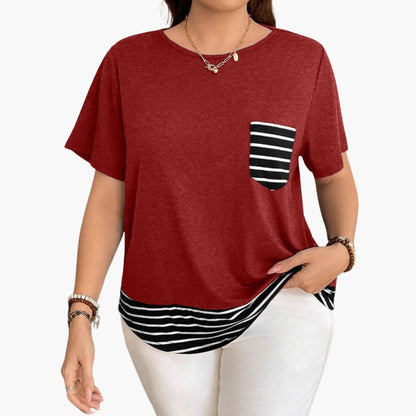 Women's Pocket T-Shirt Striped Hem Cotton