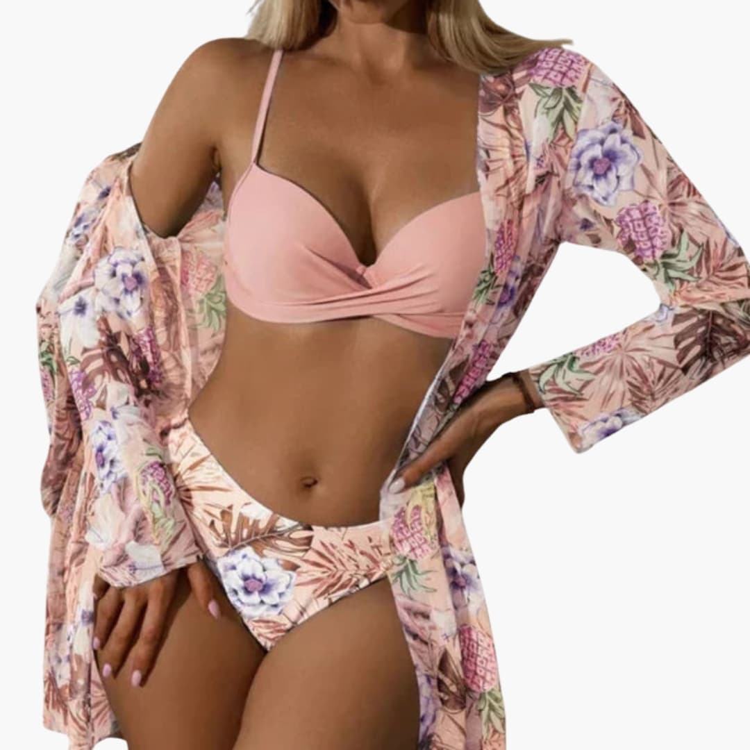 Women's High-Waisted Bikini Set 3 Piece with Kimono Cover - VibreMode