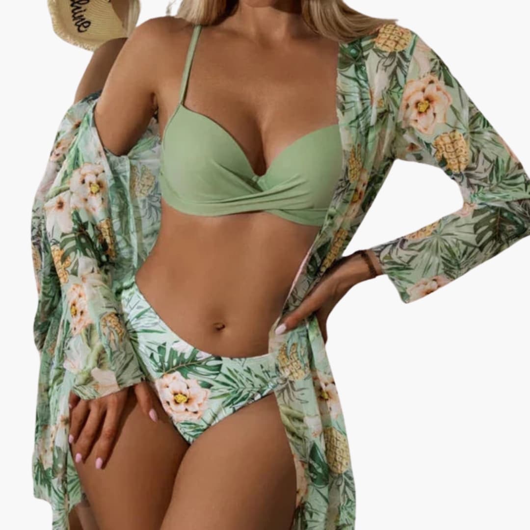 Women's High-Waisted Bikini Set 3 Piece with Kimono Cover