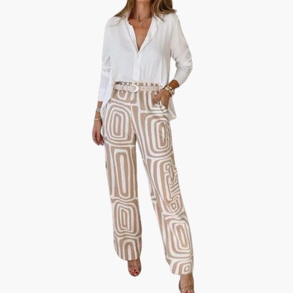 Women's Two-Piece Long Sleeve Blouse and Straight Leg Pants Set - VibreMode